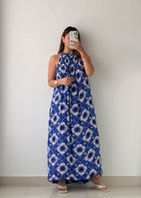 Size M-L Blue Floral Halter Maxi Dress