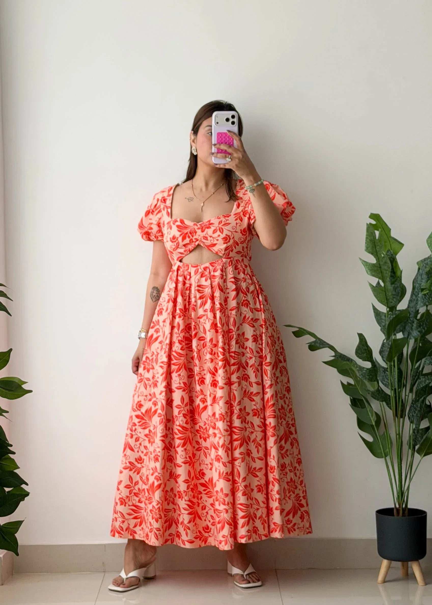 Size S-M, Coral Floral Cut-Out Midi Dress