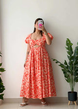 Size S-M, Coral Floral Cut-Out Midi Dress