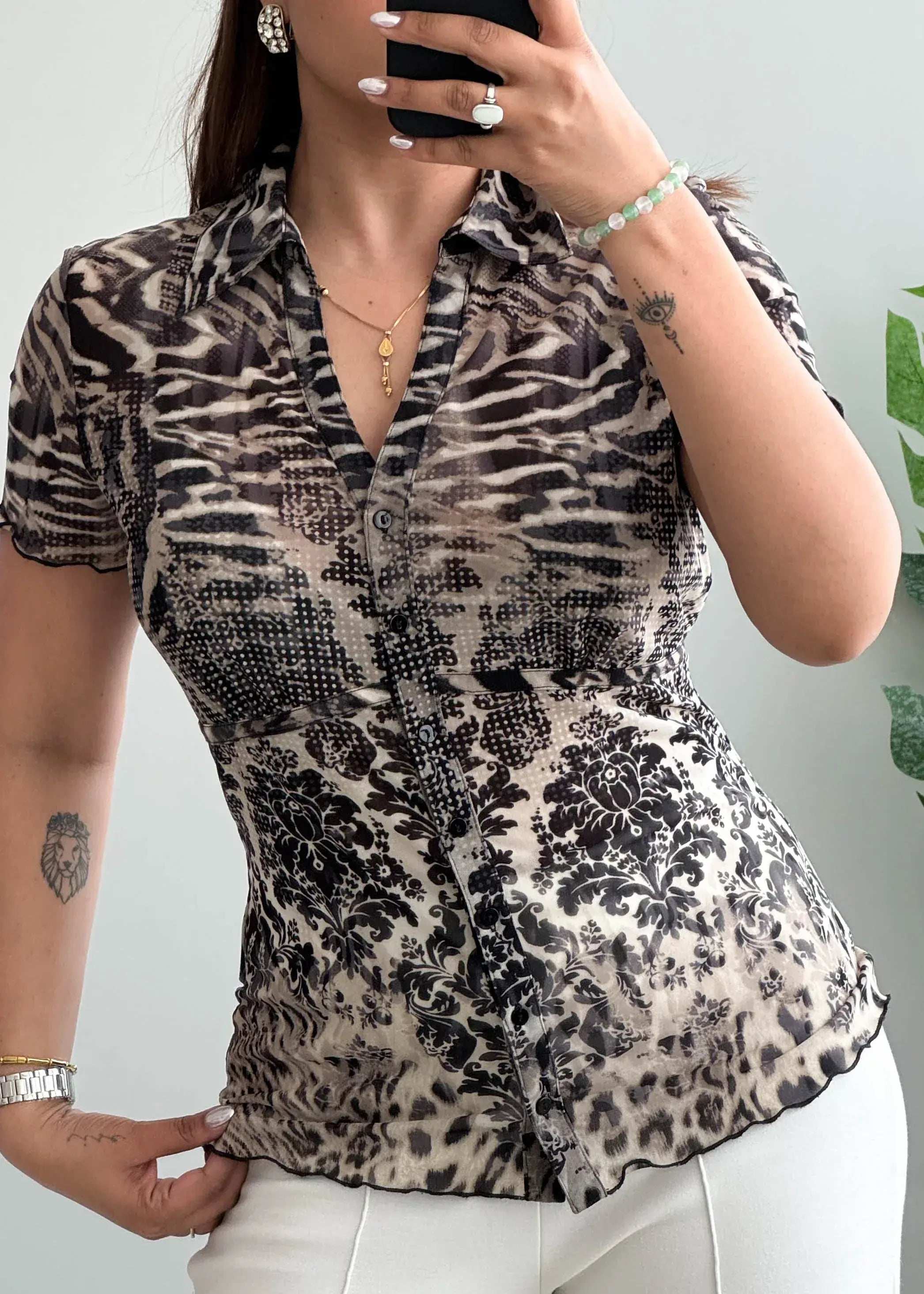 Size S-M, Animal & Floral Print Sheer Button Shirt - Closet by Payal