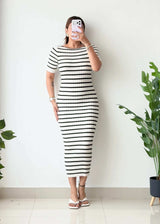 Size XS-S, White & Black Stripe Ribbed Midi Dress - Closet by Payal