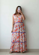 Size M-L, White Floral Tiered Maxi Dress