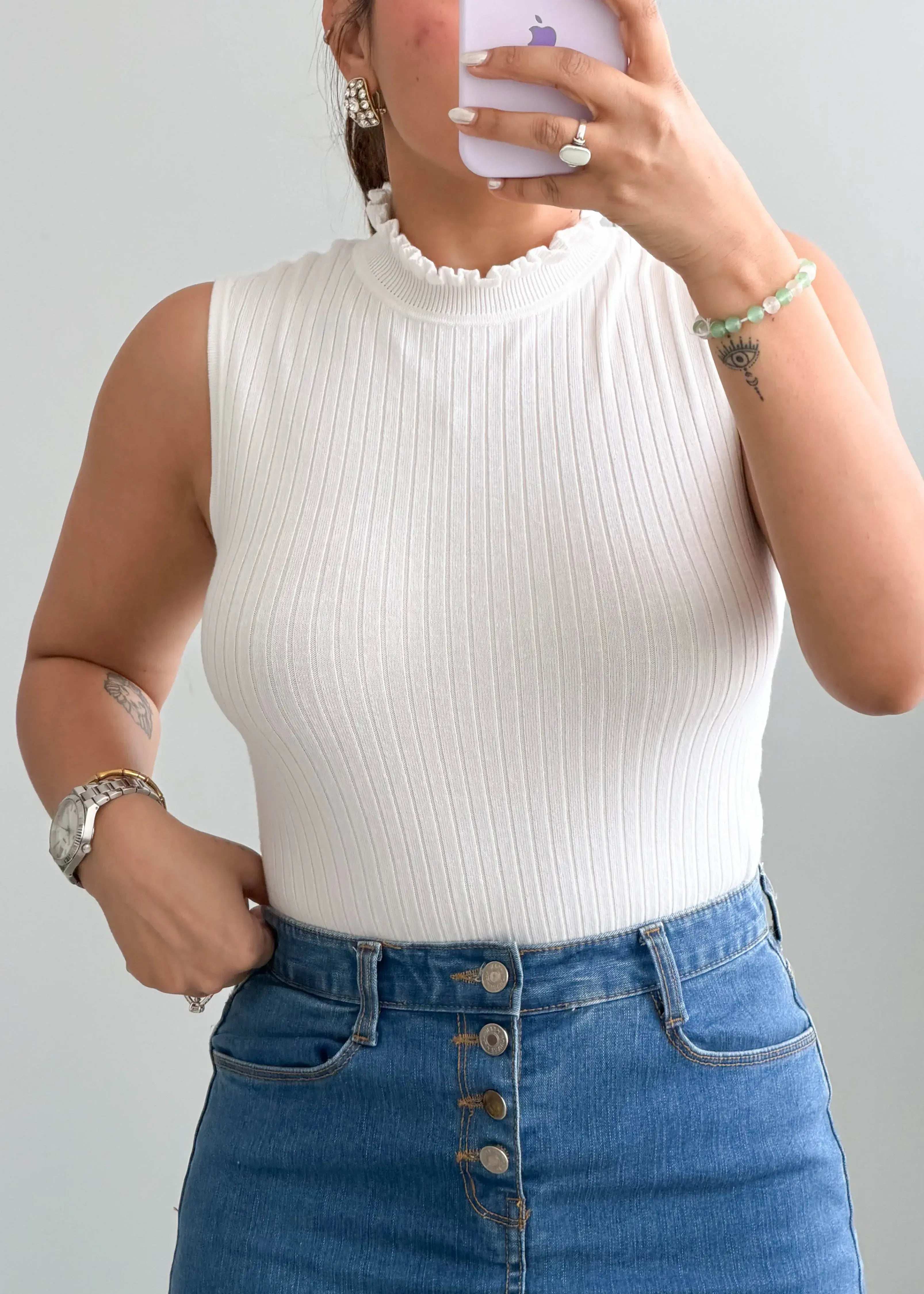 Size M-L, White High Neck Sleeveless Top - Closet by Payal
