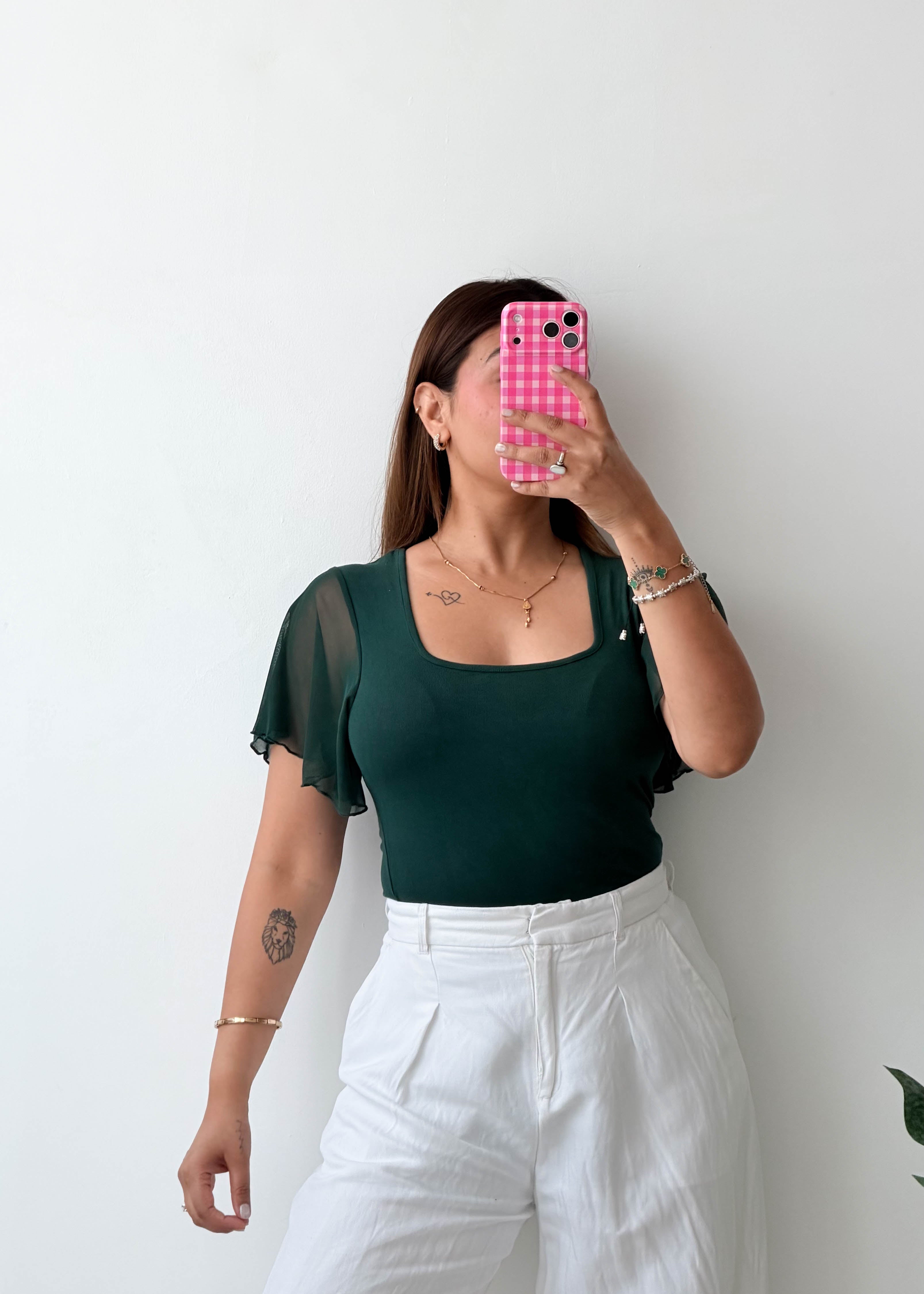 Size S-M Emerald Flutter Sleeve Bodysuit