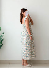 Size S-M White & Blue Floral Smocked Midi Dress