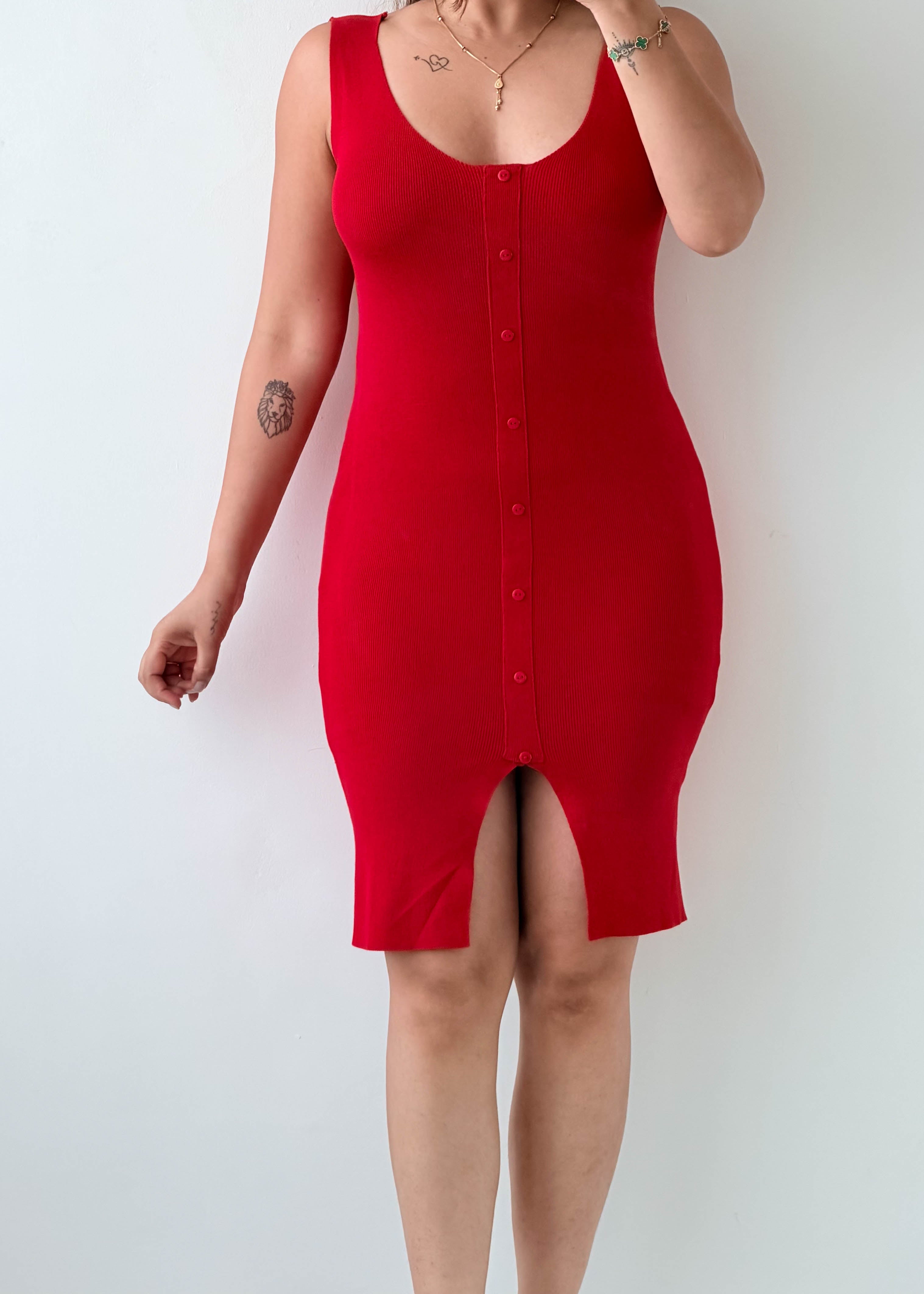 Size S-M Red Button Front Bodycon Dress