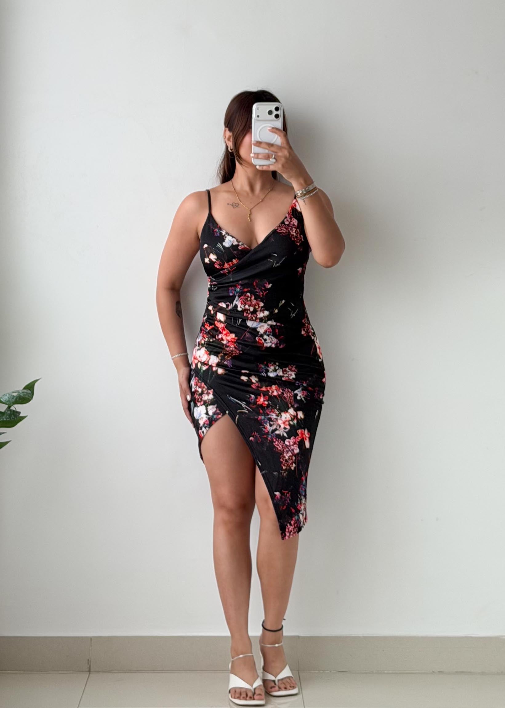 Size S-M Black Floral Wrap Midi Dress