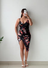 Size S-M Black Floral Wrap Midi Dress