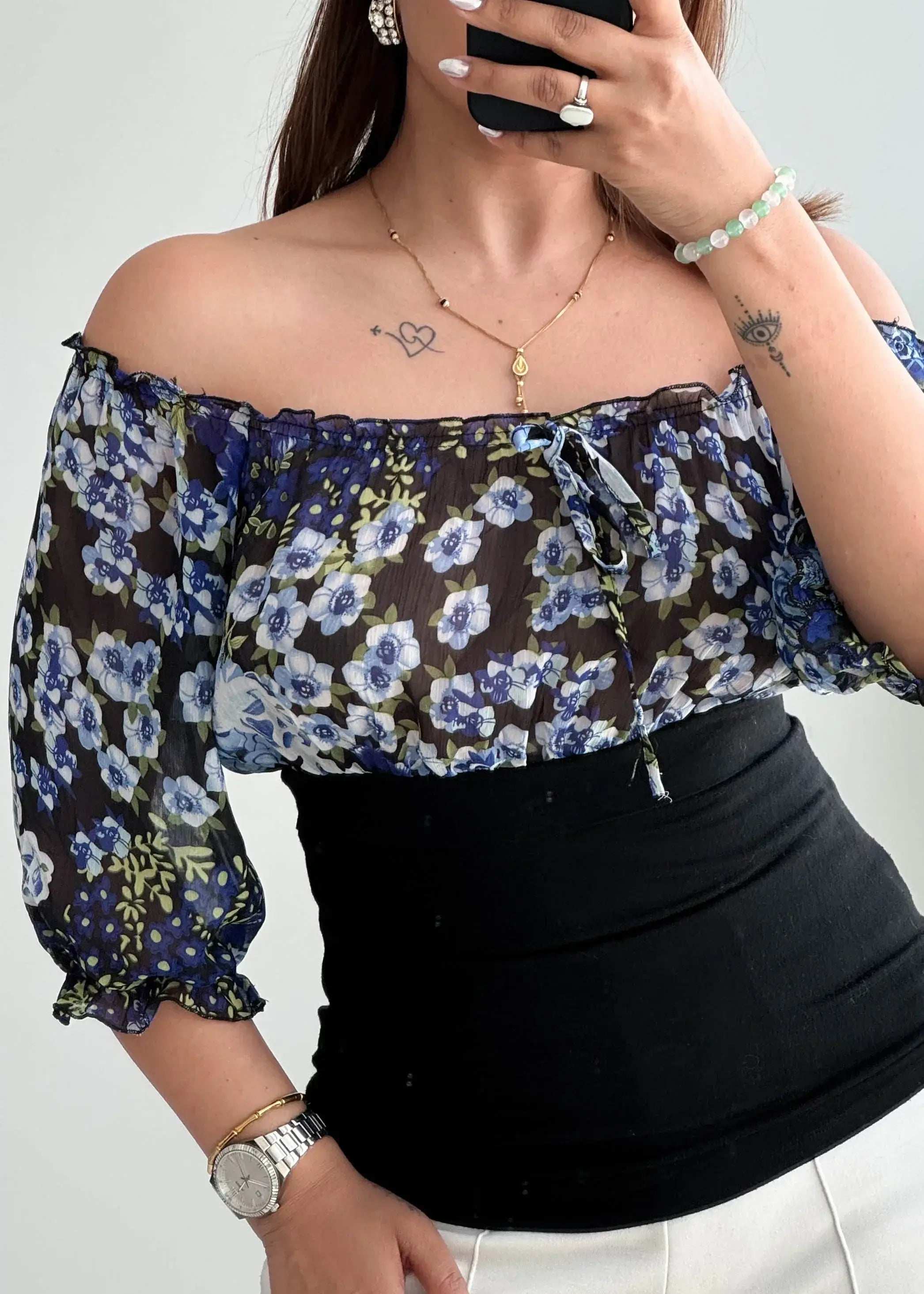 Size XS-M, Blue and Black ruffled off shoulder Printed top - Closet by Payal