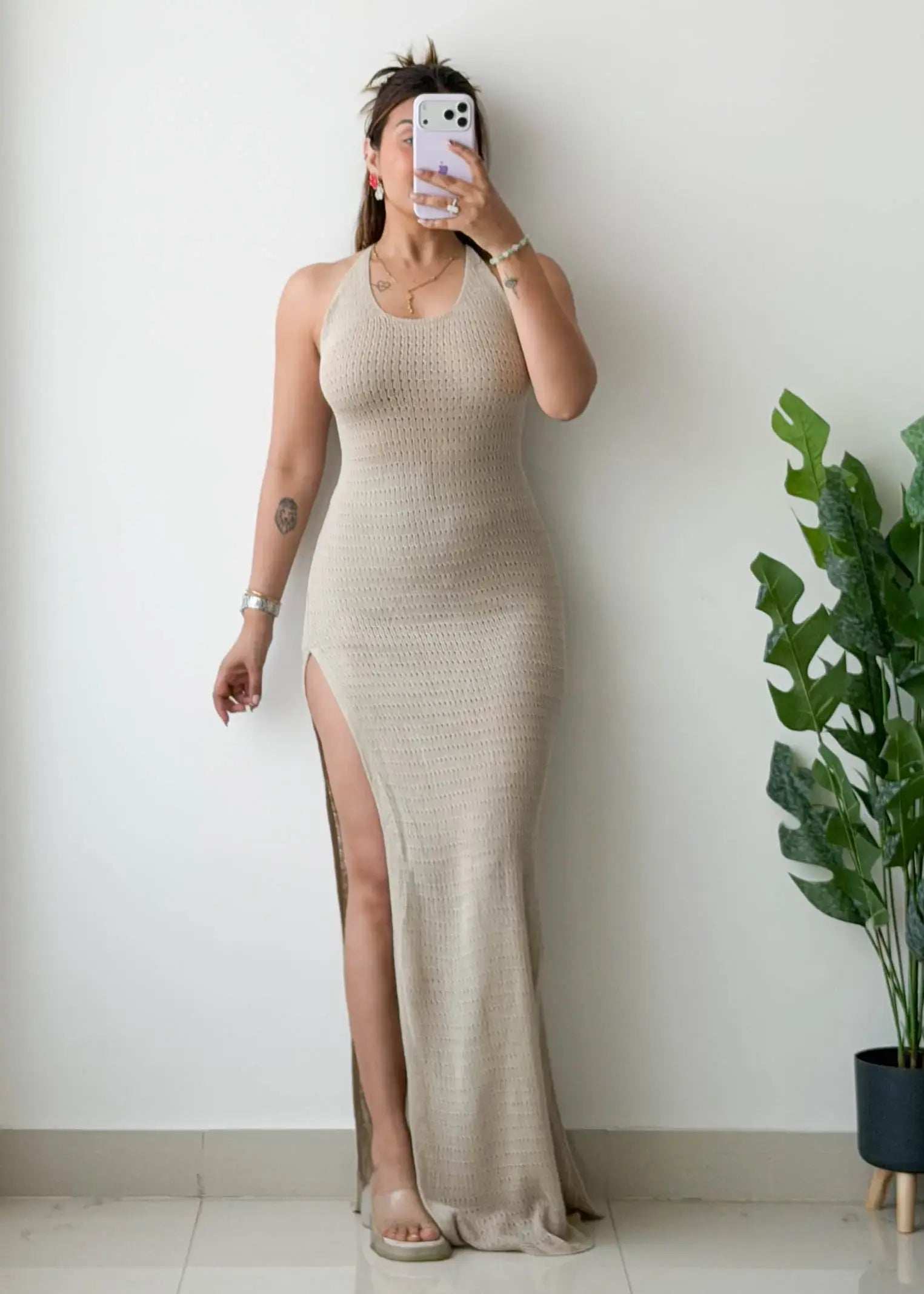 Size XS-S, Beige Crochet Maxi Dress