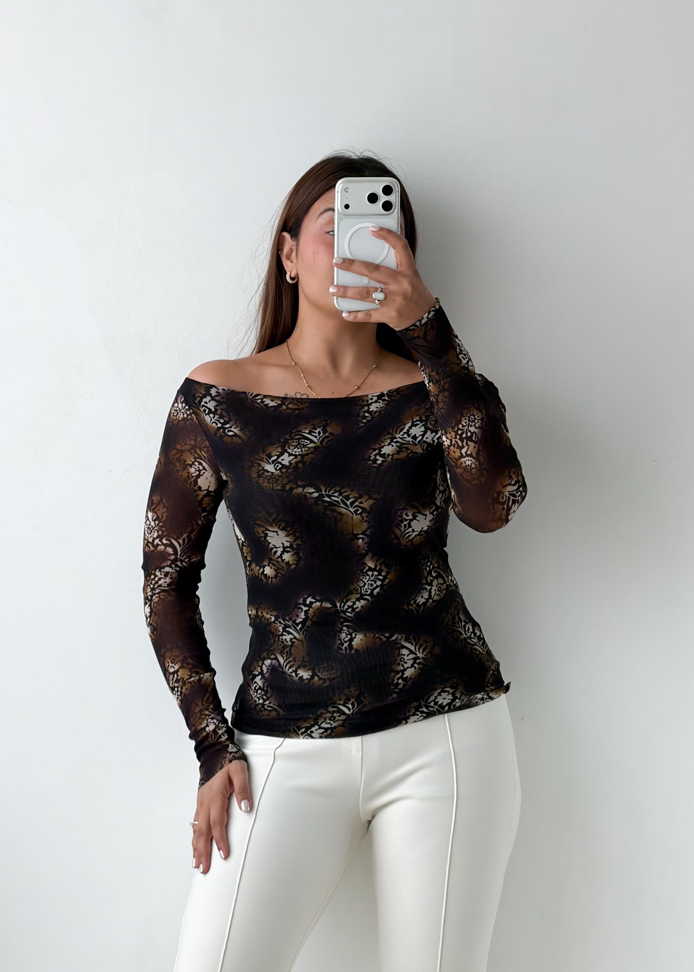 Size S-M Brown Printed Off-Shoulder Mesh Top