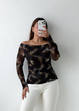 Size S-M Brown Printed Off-Shoulder Mesh Top