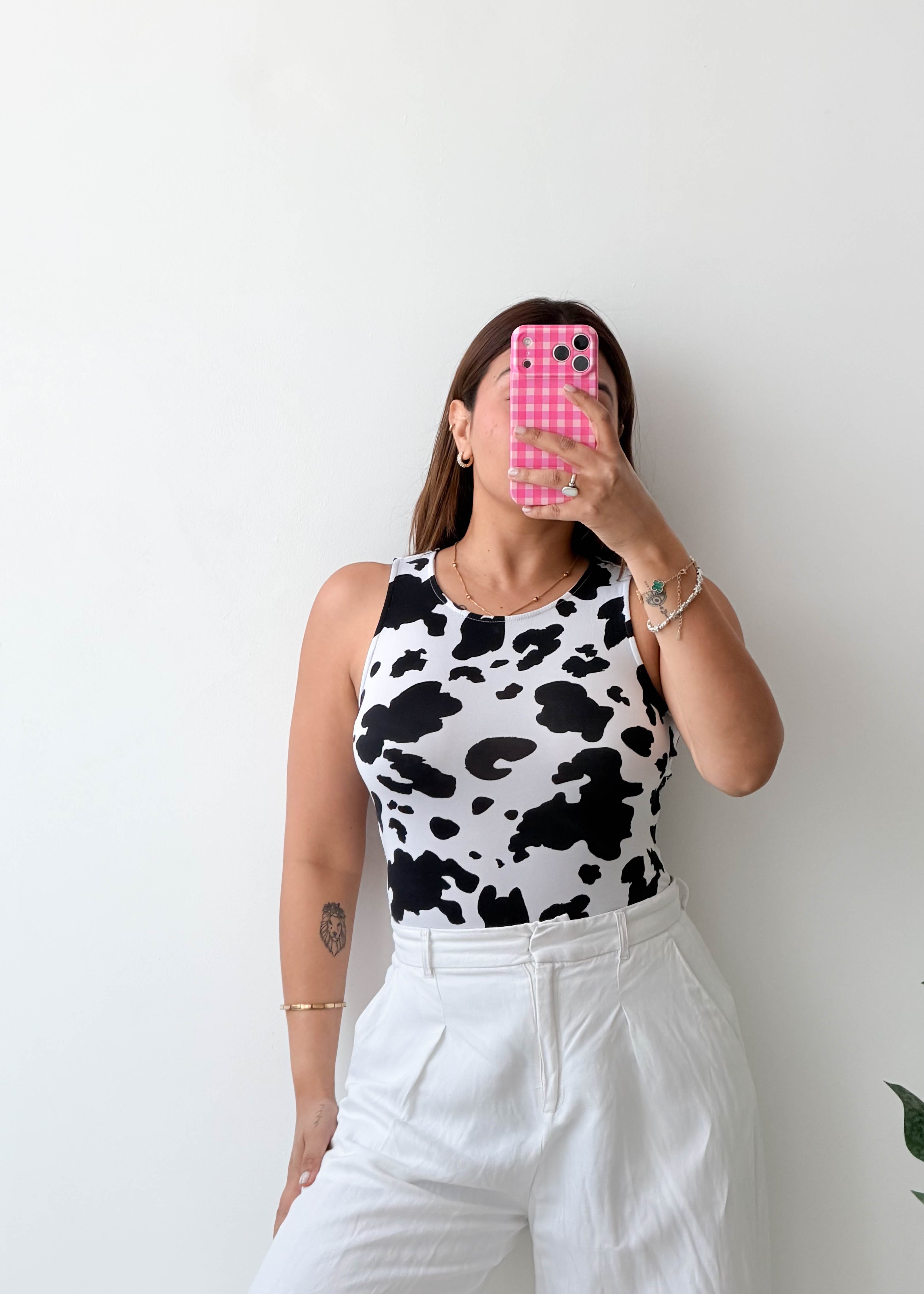 Size S-M Cow Print Open Back Bodysuit