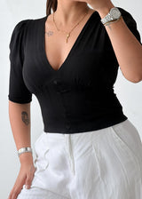 Size S-M Black Puff Sleeve Button Top
