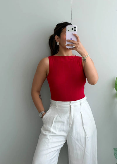 Size S-M, Red Sleeveless Ribbed Top - Closet by Payal
