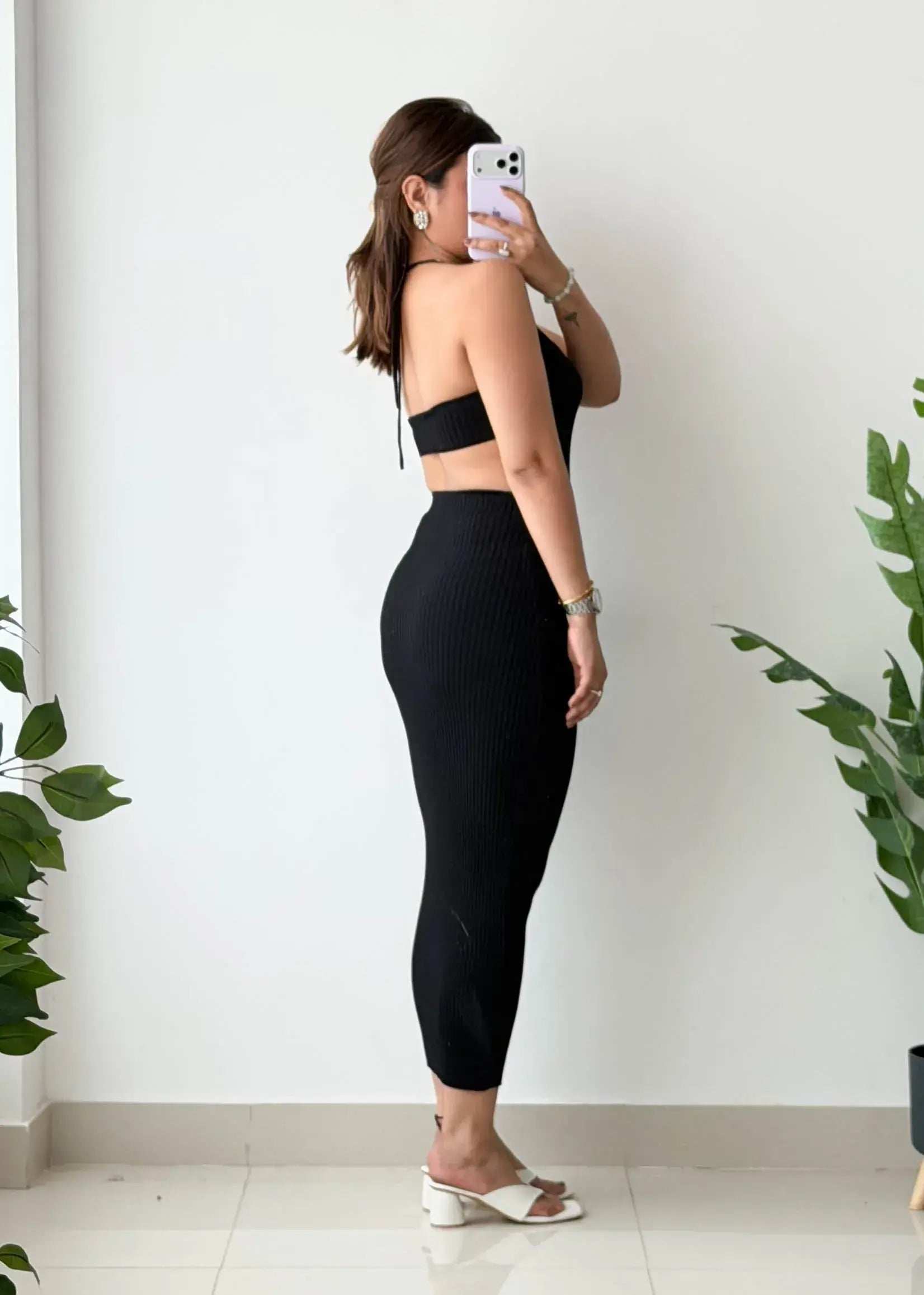 Size XS-S, Black Side Cut-Out Ribbed Maxi Dress - Closet by Payal
