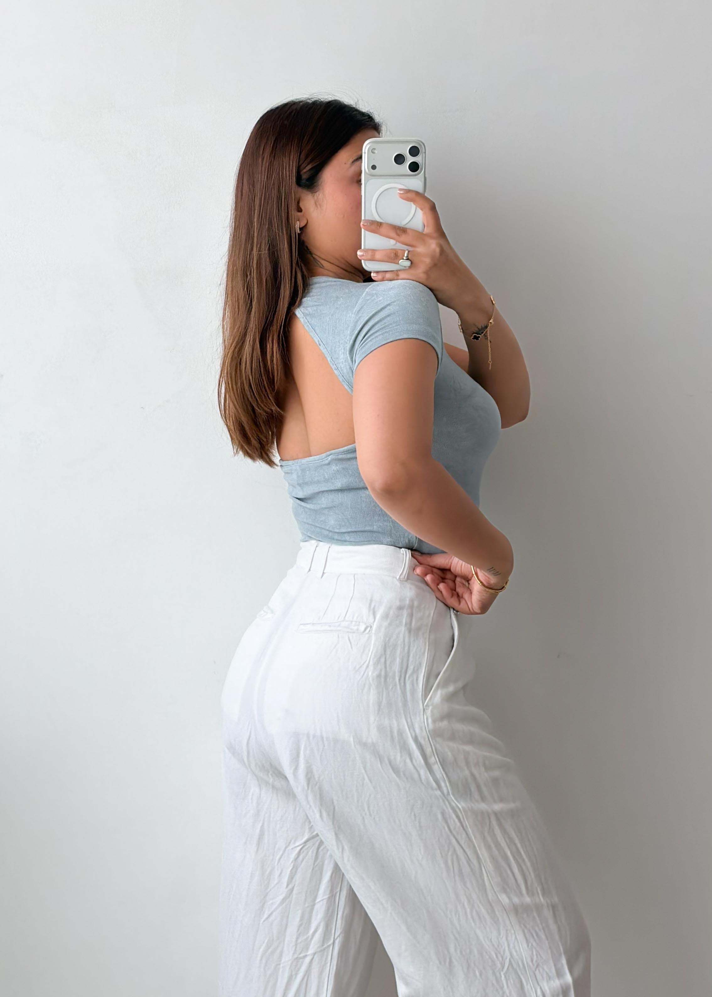 Size S-M Blue Open Back Fitted Top