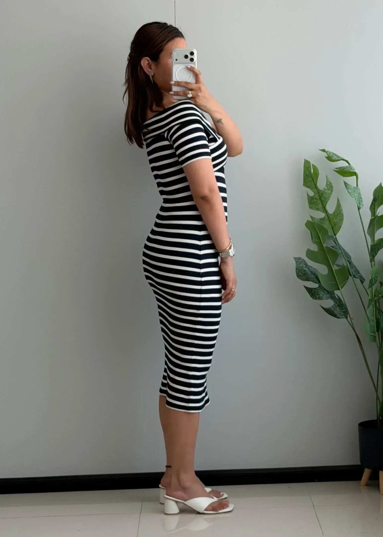 SIZE S-M, Black & White Stripe Wrap Midi Dress - Closet by Payal