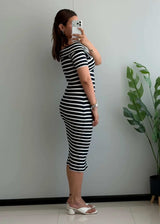 SIZE S-M, Black & White Stripe Wrap Midi Dress - Closet by Payal
