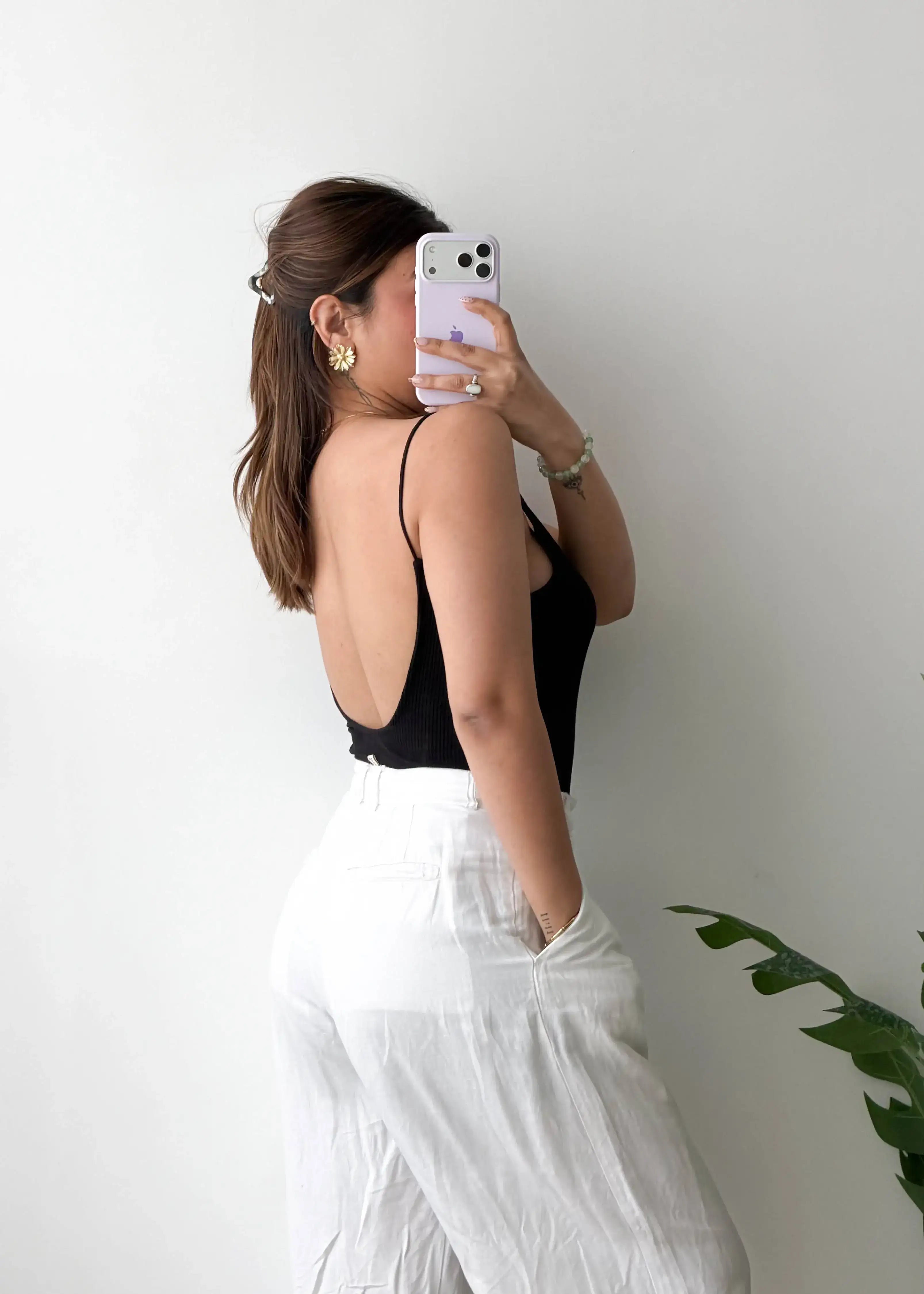Size M-L, Black Deep Back Camisole Bodysuit