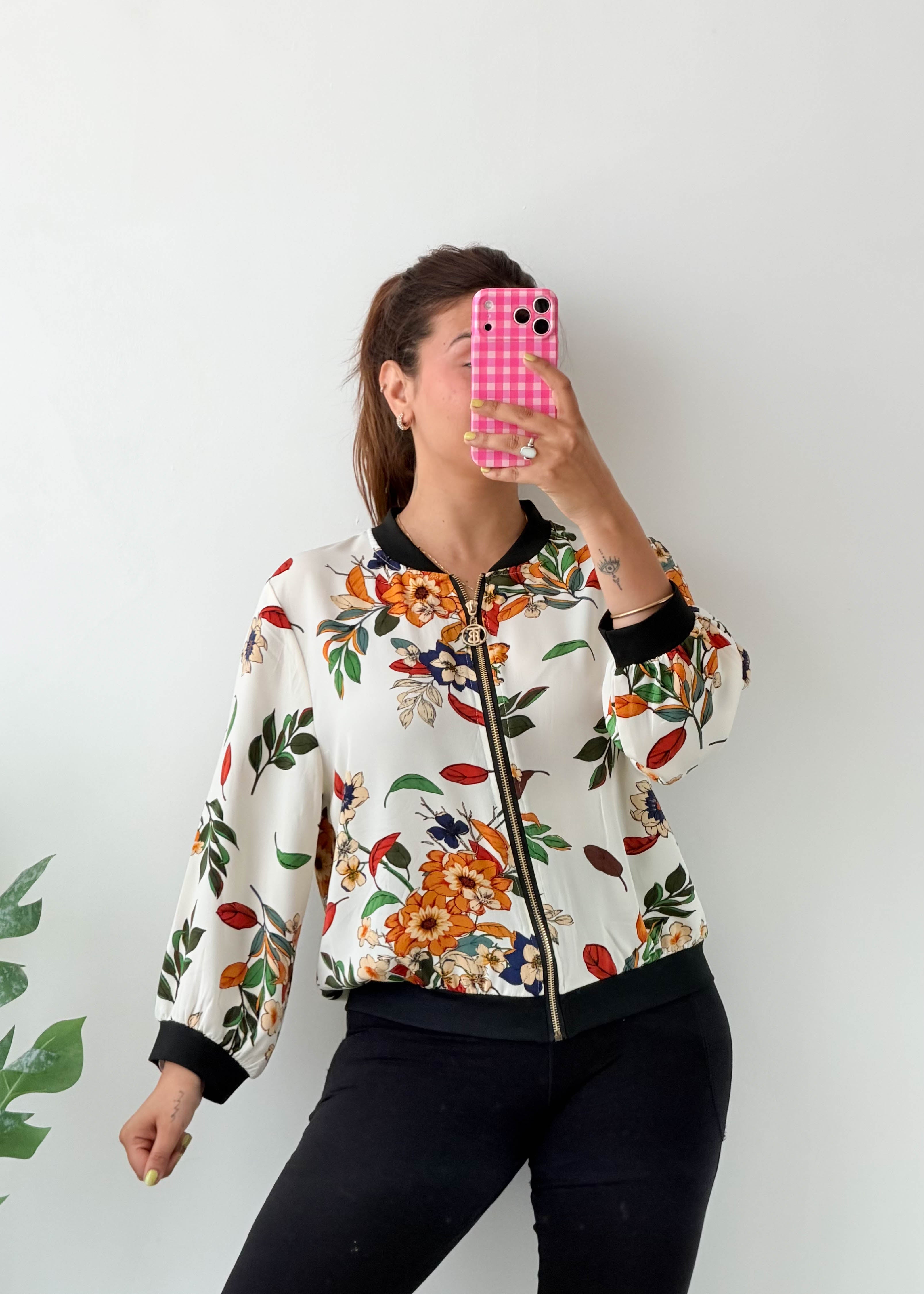 Size M-L White Floral Bomber Jacket