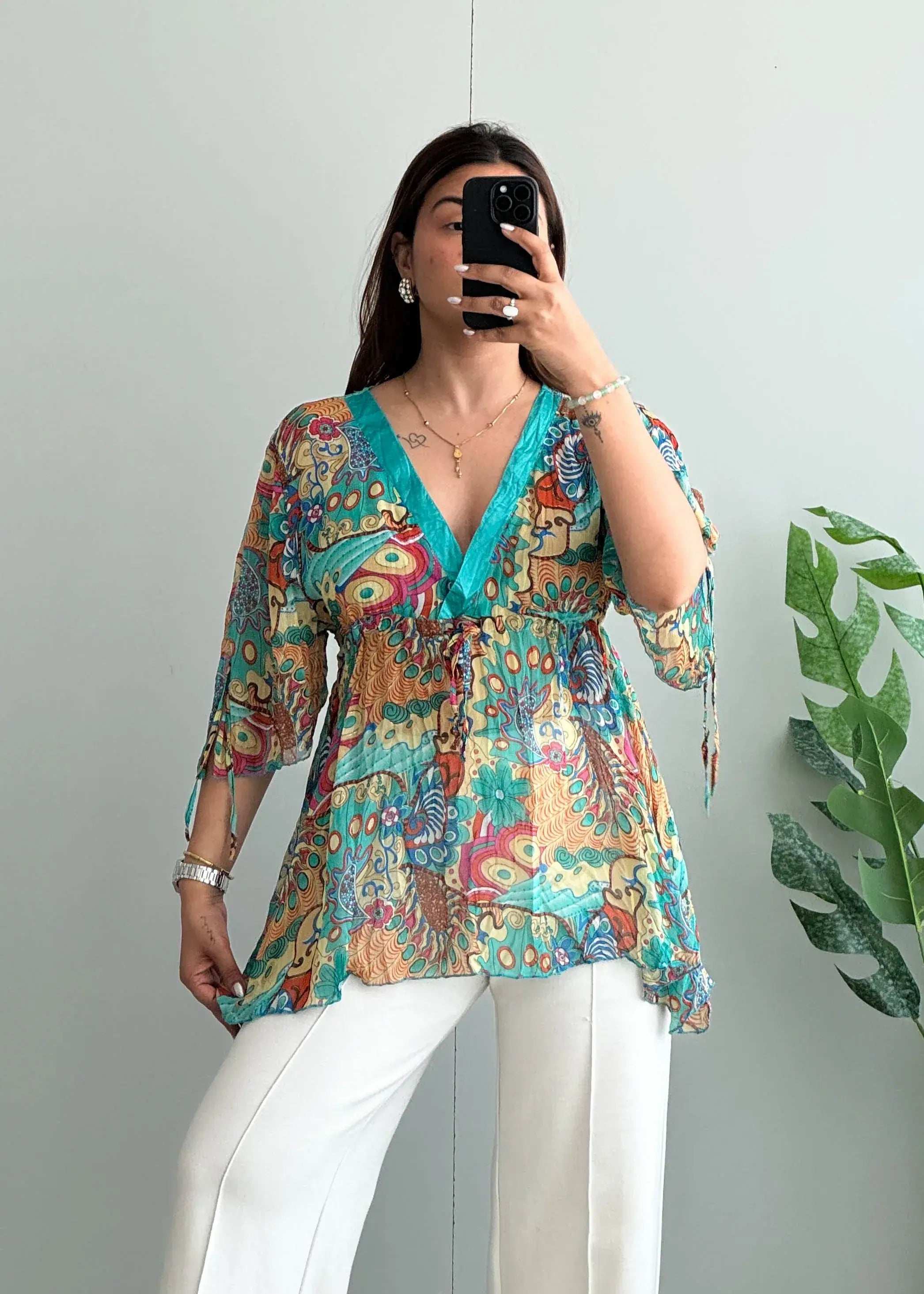 Size M-L, Multicolor Boho Print Tie-Waist Peplum Top - Closet by Payal