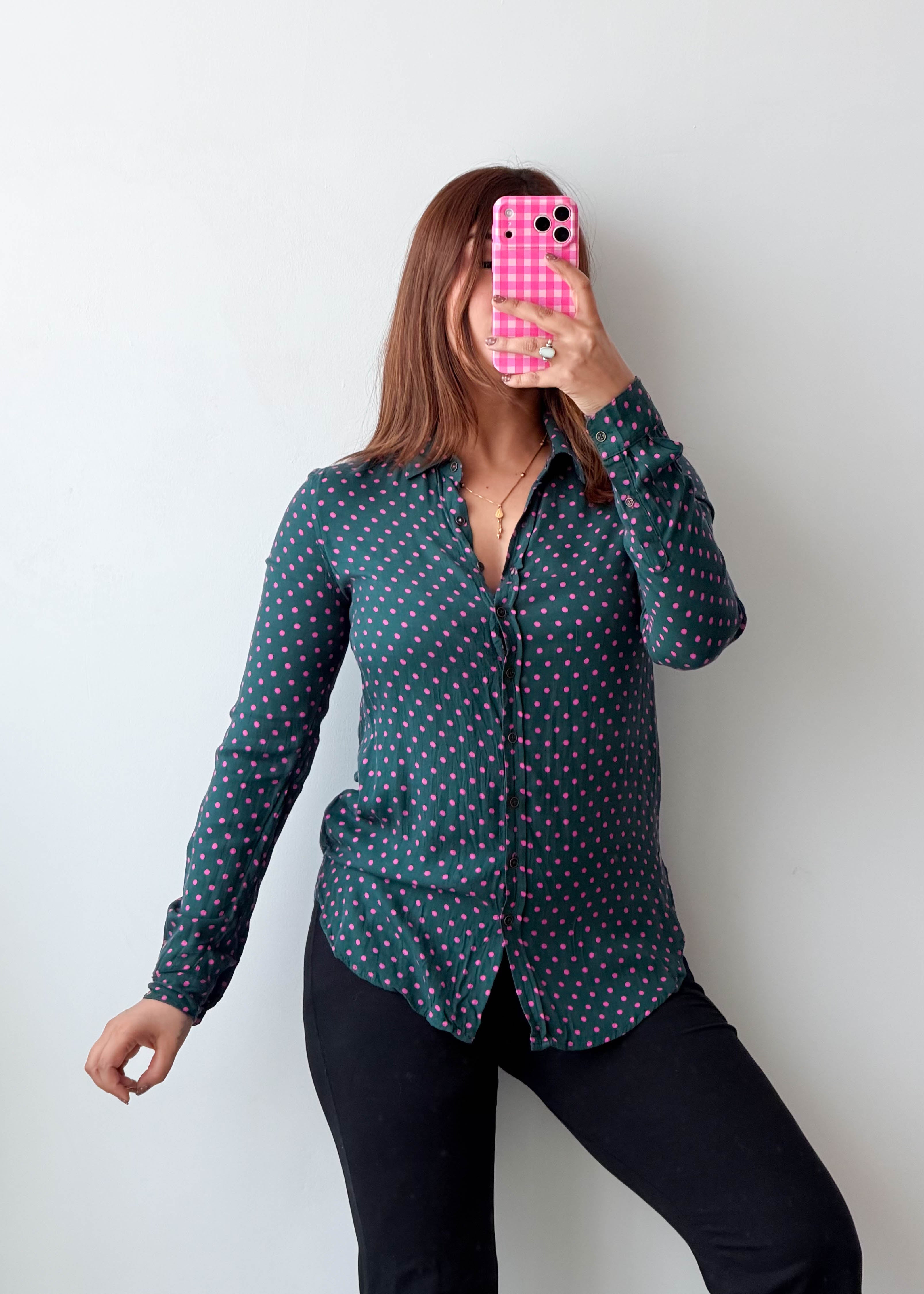 Size XS Teal Pink Polka Dot Shirt Top