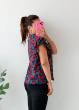 Size S-M Navy Red Rose Ruffle Sleeve Top