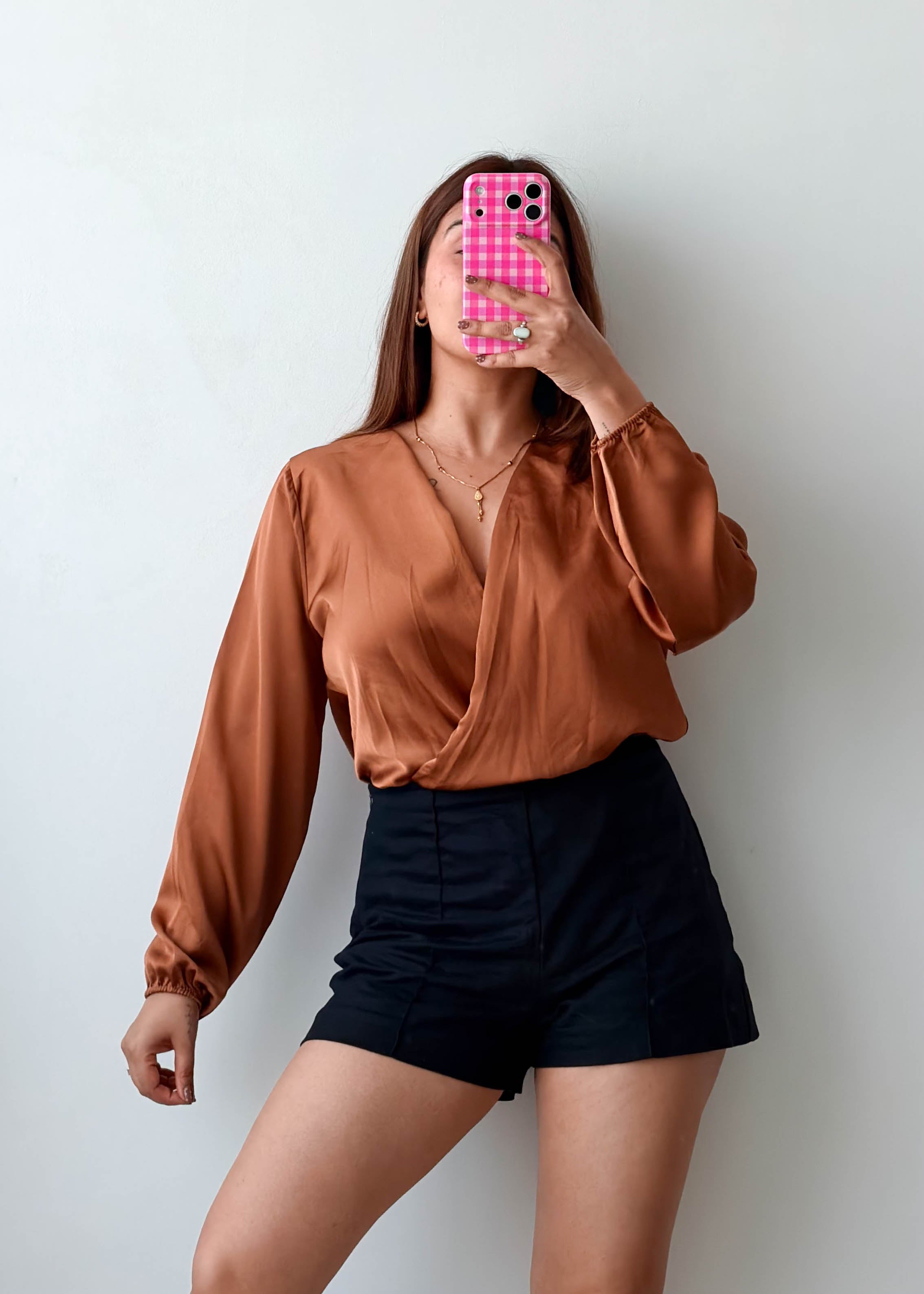 Size S-M Copper Satin Wrap Long Sleeve Bodysuit