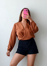 Size S-M Copper Satin Wrap Long Sleeve Bodysuit