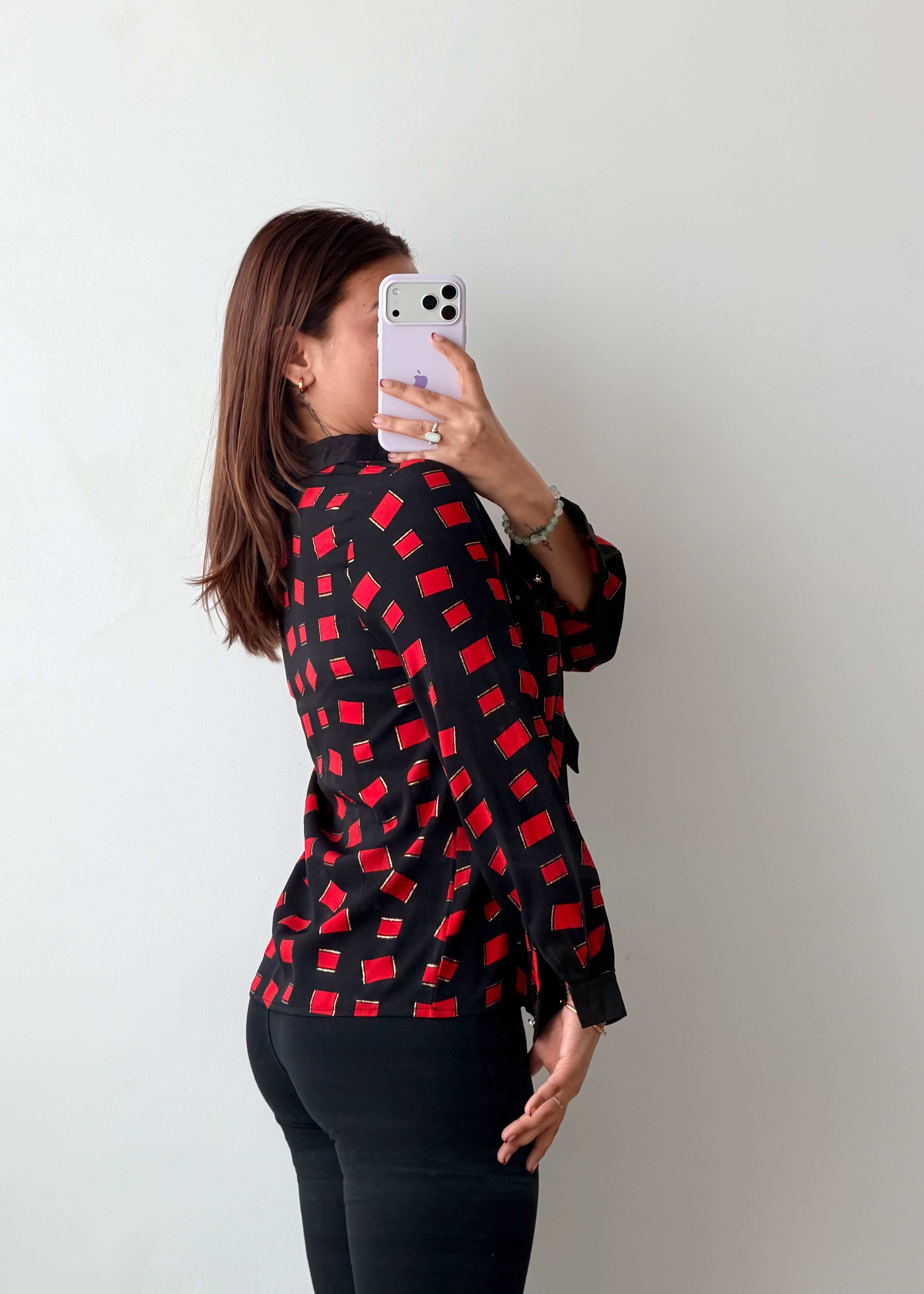 S-M Black Red Geometric Tie-Neck Shirt
