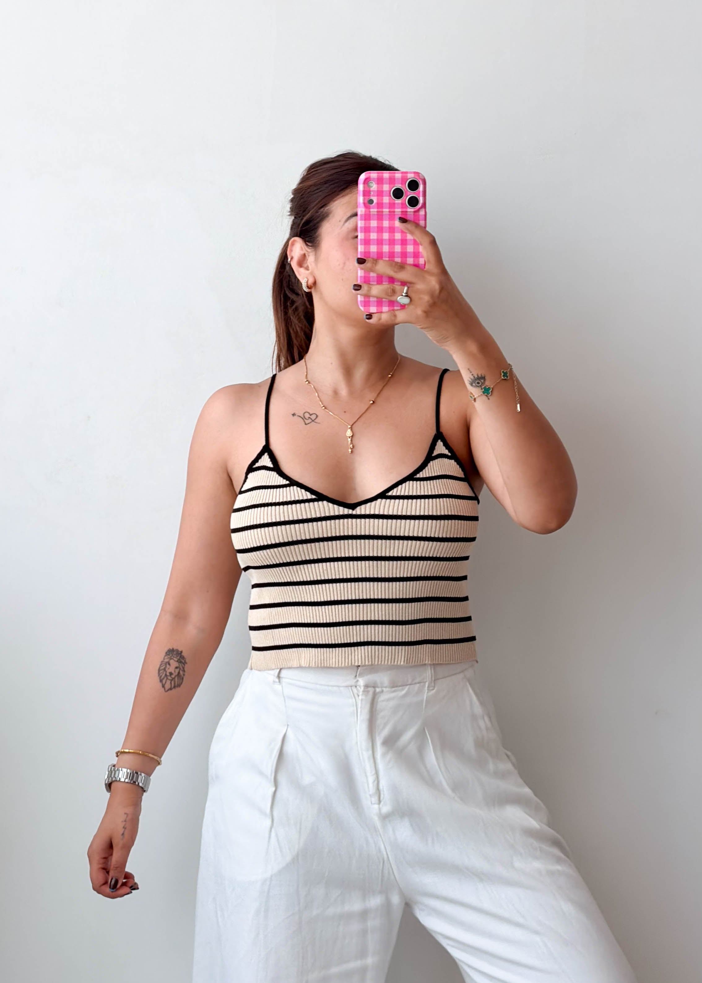 Size M-L Beige Striped Knit Cami Top