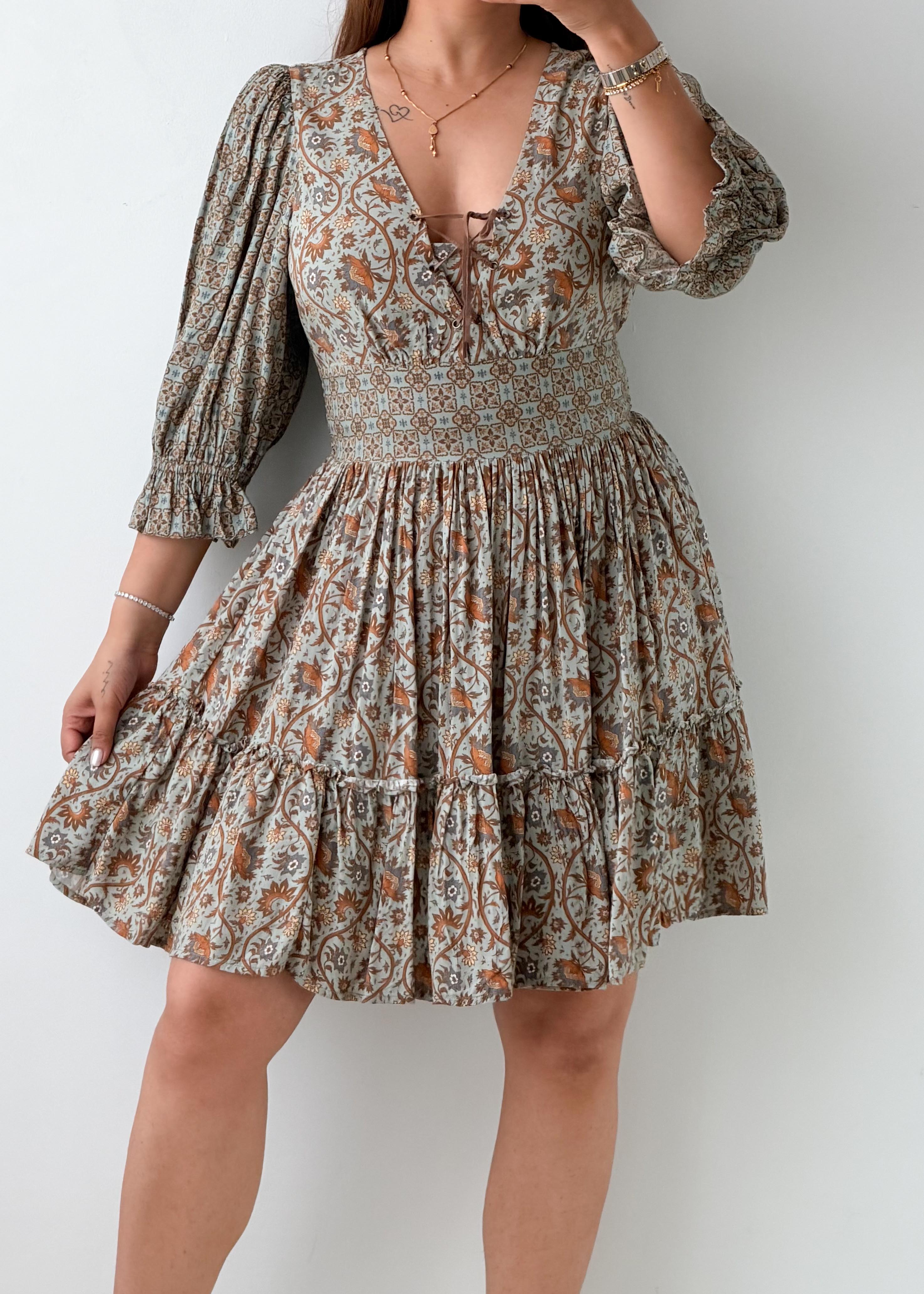 Size S-M Beige Floral Print Puff Sleeve Mini Dress