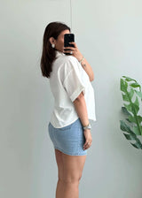 Size S-M, Minimal White Mandarin Collar Blouse for Women - Closet by Payal