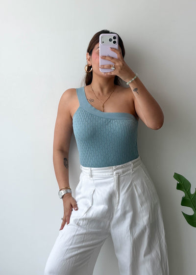 Size L-XL, Blue One-Shoulder ribbed Top