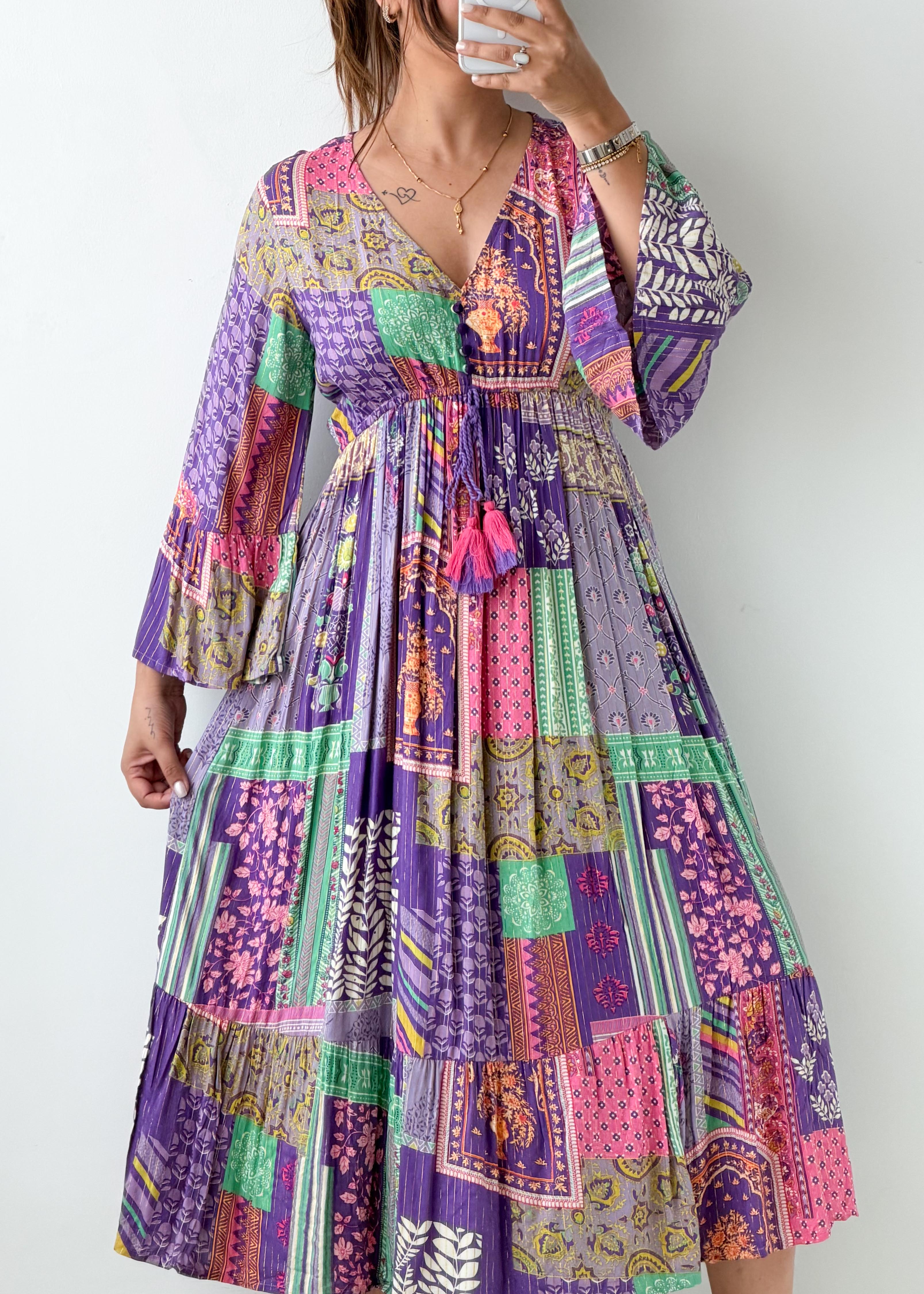 Size M-L Multicolor Patchwork Print Maxi Dress