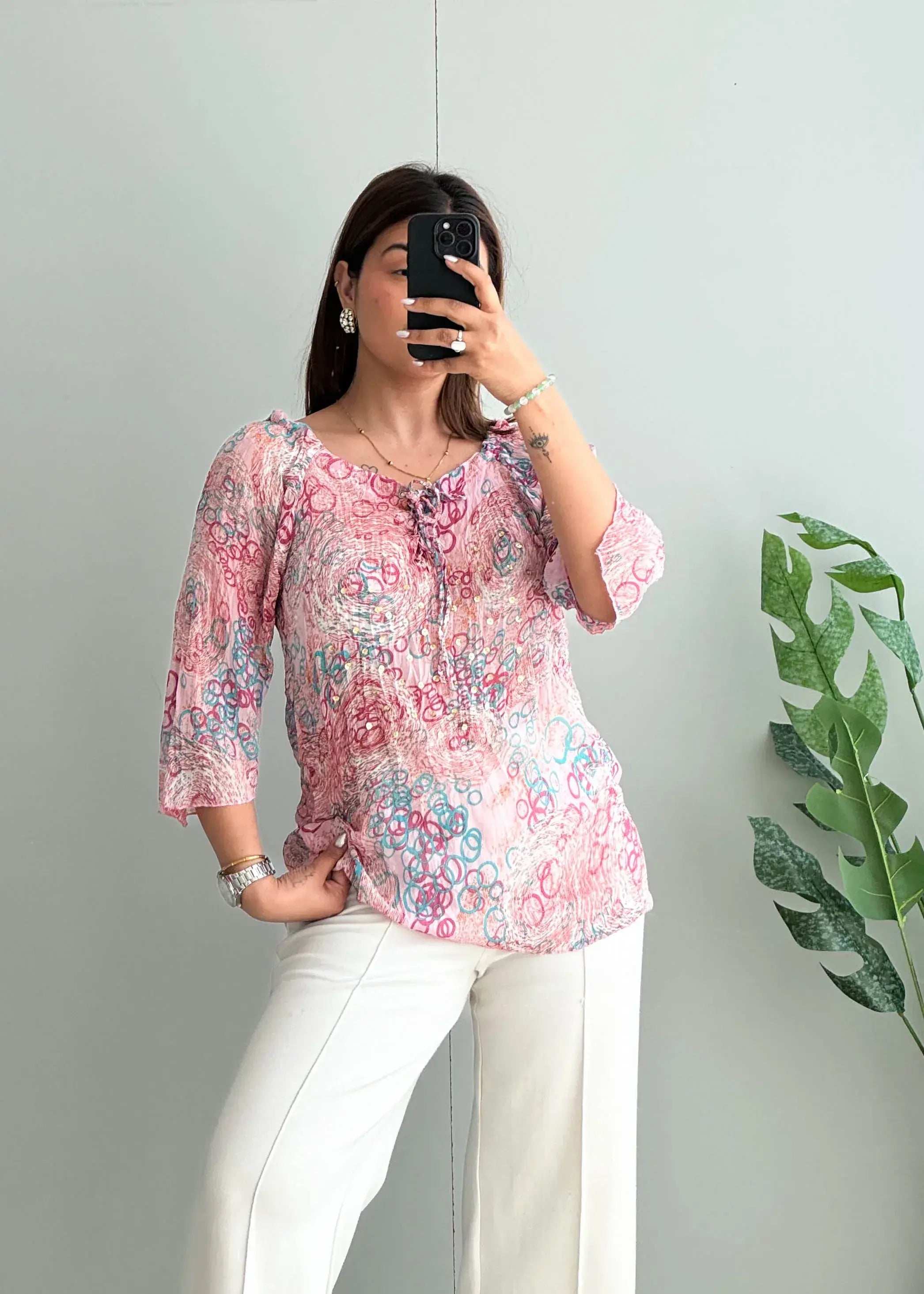 Size M-L, Printed Pink Mesh Top - Closet by Payal