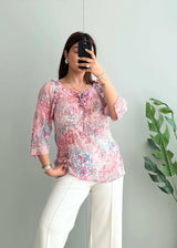 Size M-L, Printed Pink Mesh Top - Closet by Payal