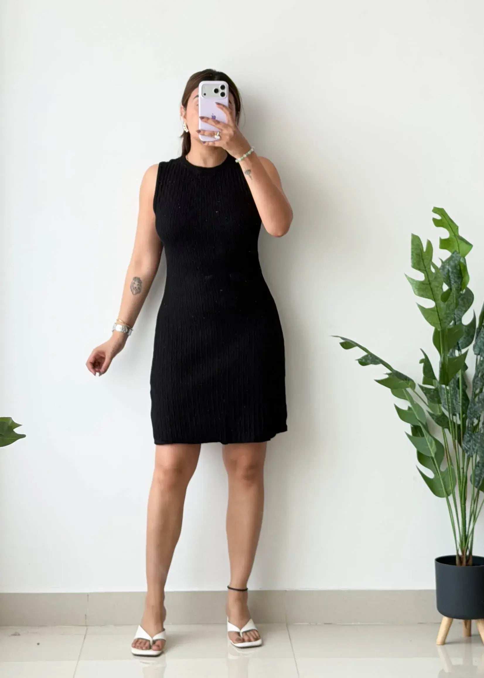 Size S-M, Black Sleeveless Ribbed Mini Dress - Closet by Payal
