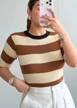 Size M-L, Brown Stripe Short Sleeve Top - Closet by Payal