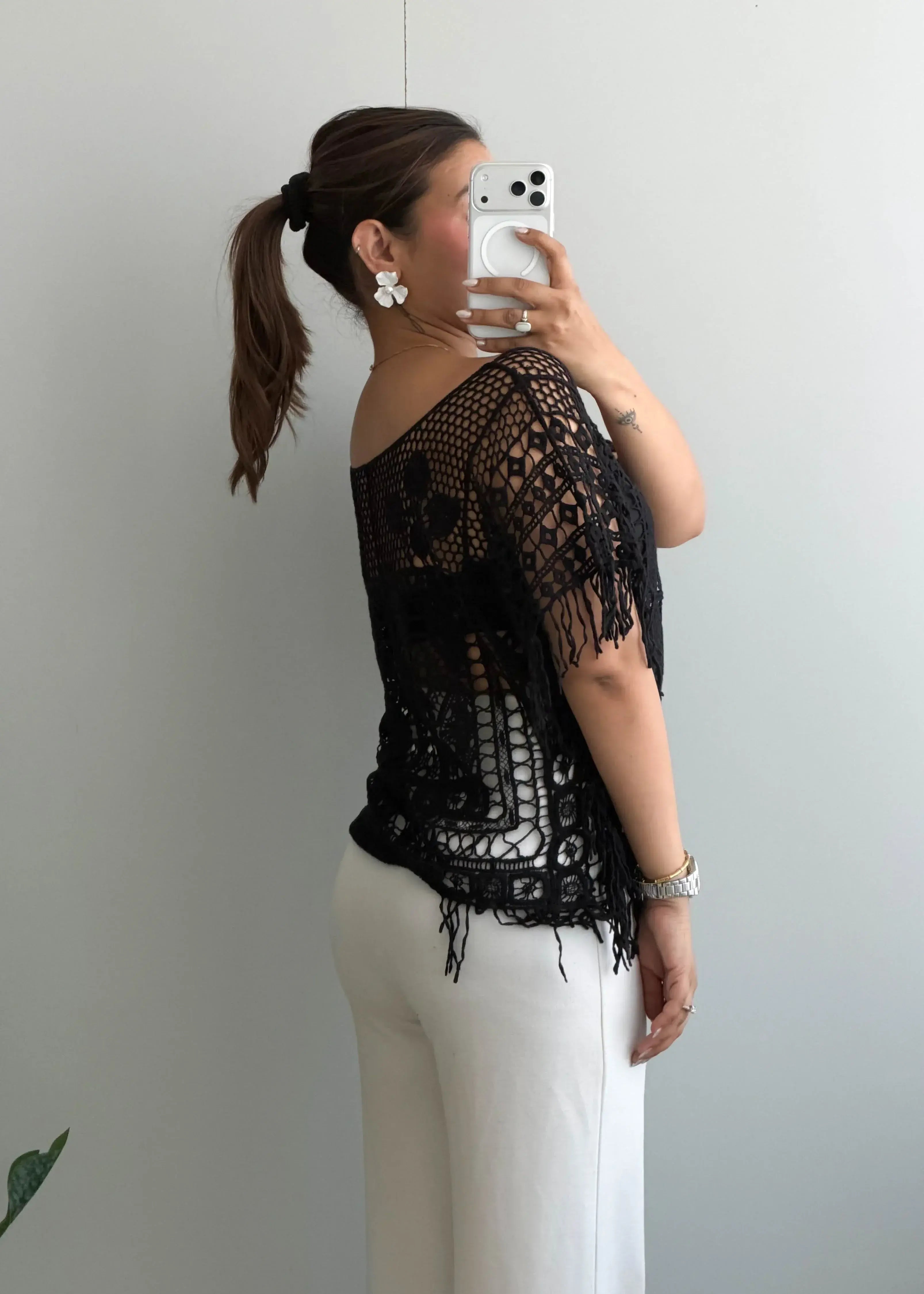 Size S-M, Black Crochet Fringe Top - Closet by Payal