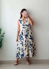 Size M-L White & Blue Leaf Print Tiered Dress