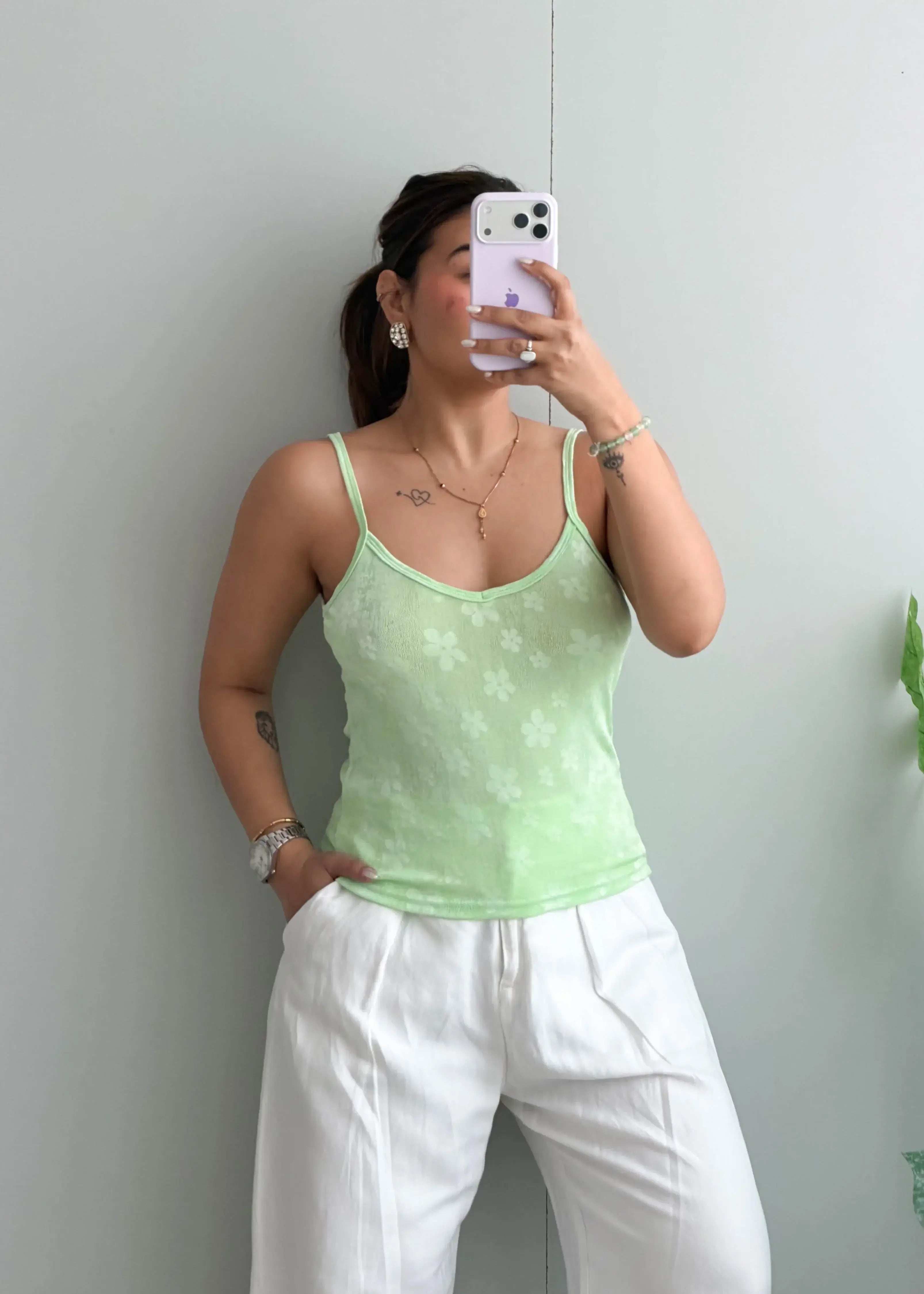 Size M-L, Light Green Floral Tank Top - Closet by Payal