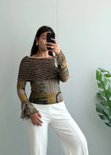 Size XS-S, Vintage Art Print Off Shoulder Top for Women - Closet by Payal