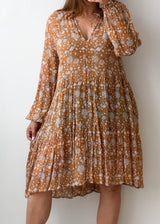 Size M-L Mustard Floral Pleated Mini Dress