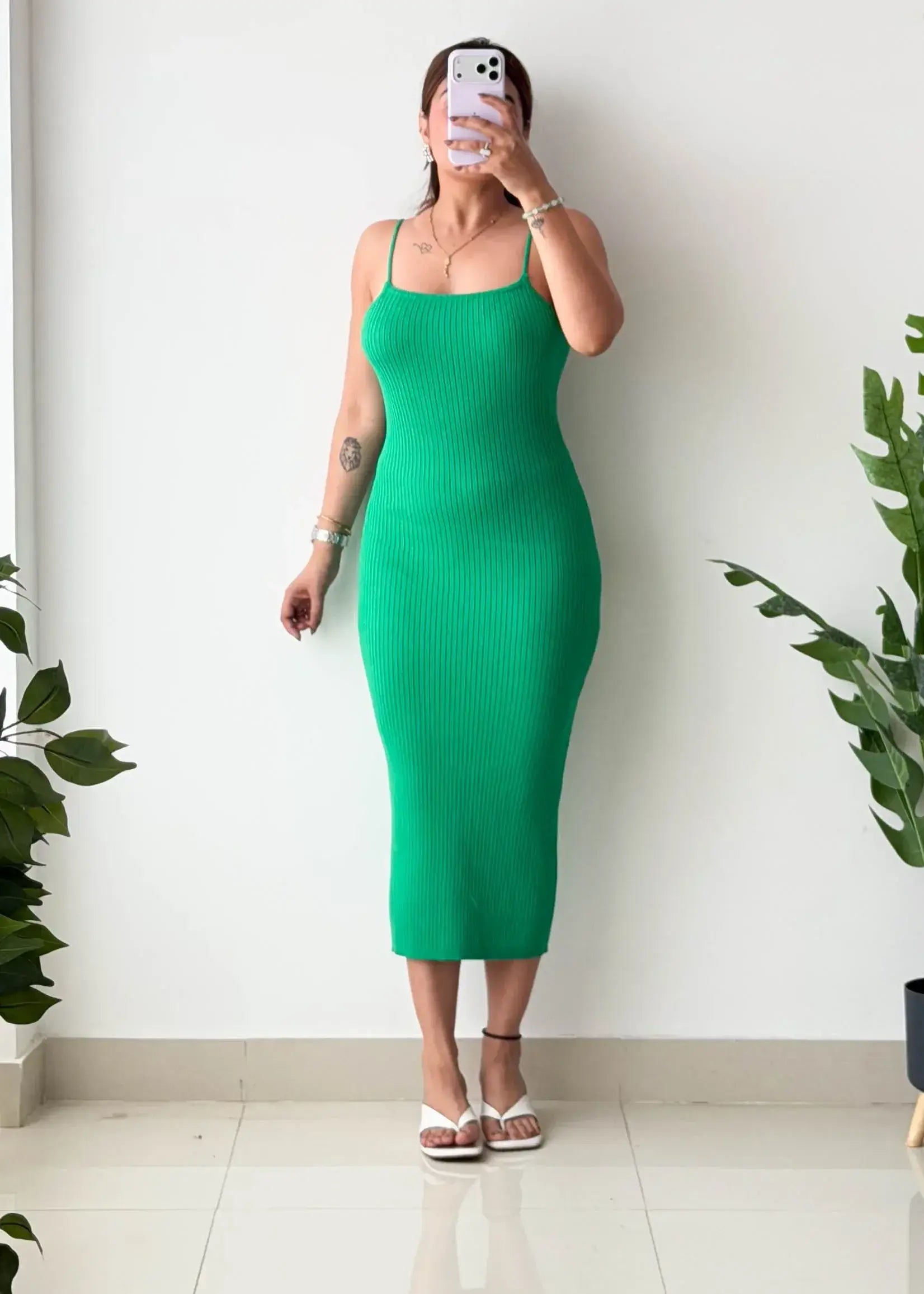 Size S-M, Green Spaghetti Strap Ribbed Midi Dress - Closet by Payal