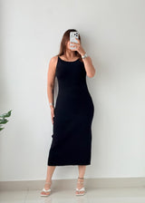 Size M-L Black Ribbed Knit Maxi Dress
