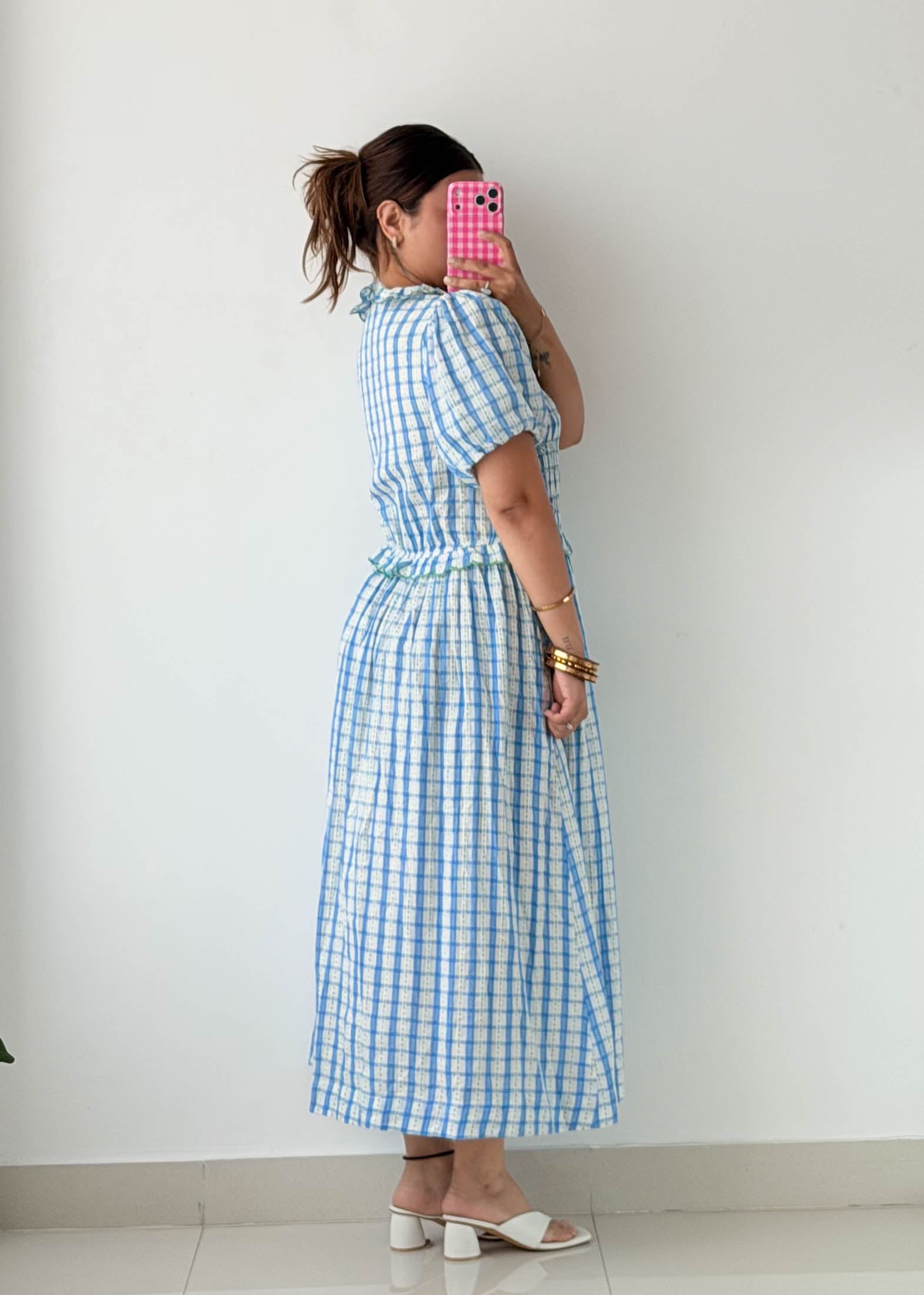 Size M-L / XL-2XL Blue Gingham Midi Dress
