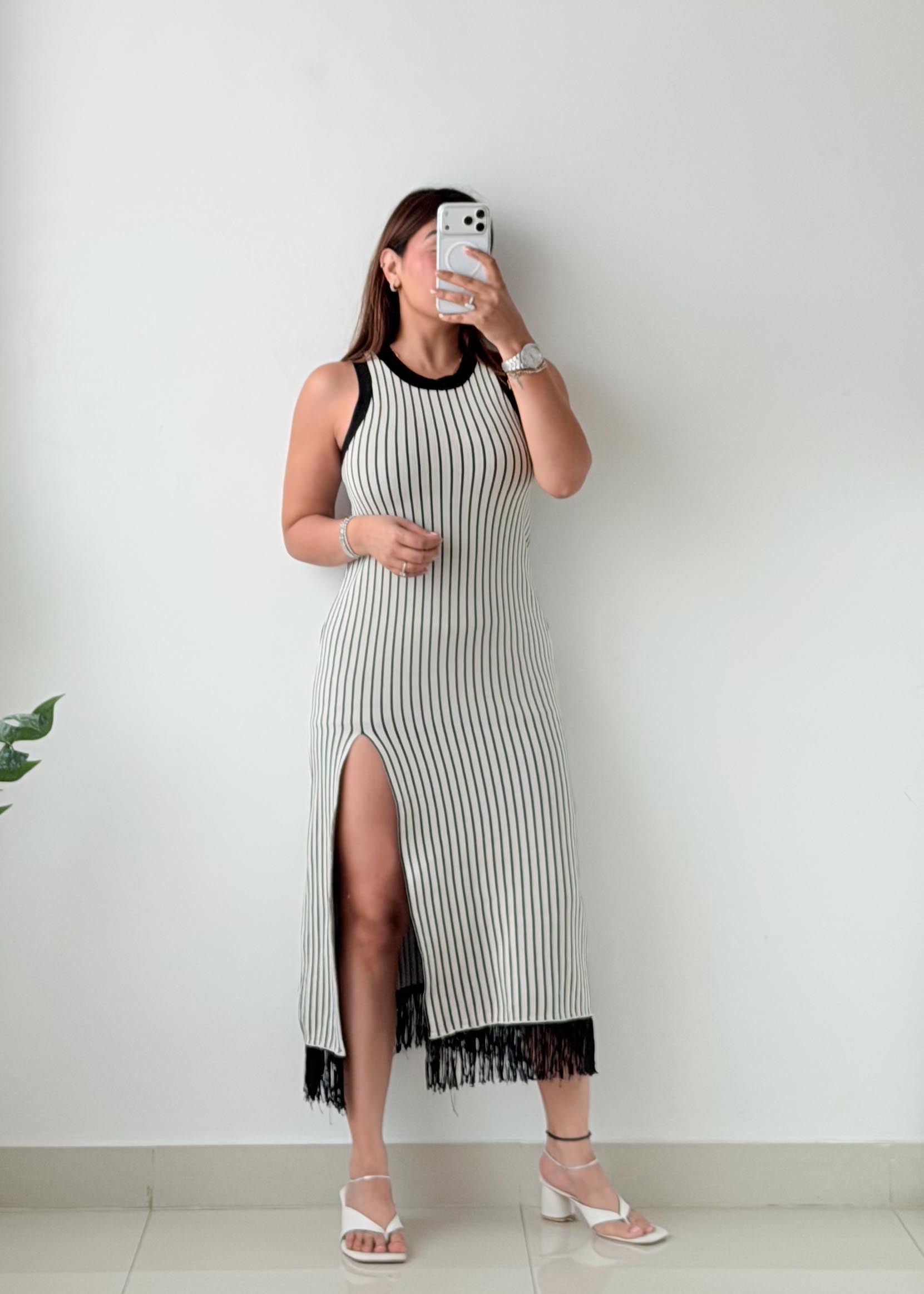 Size XS-S Black & White Striped Ribbed Knit Maxi Dress