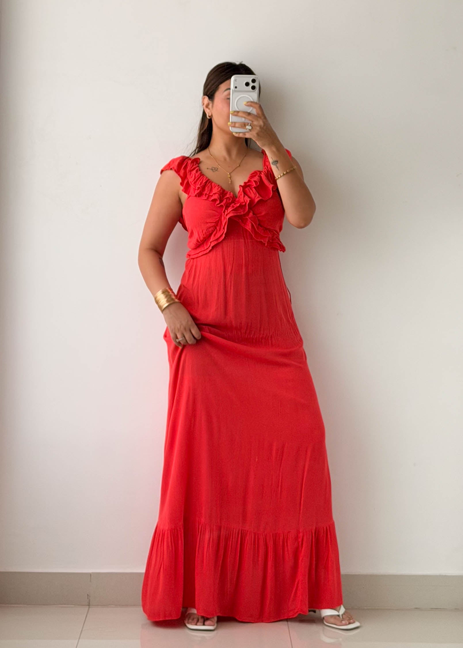 Size L-XL Red Ruffle Maxi Dress